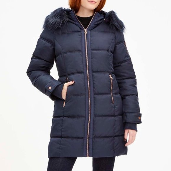 Jessica Simpson Navy Faux Fur Puffer Coat (L) NWT
